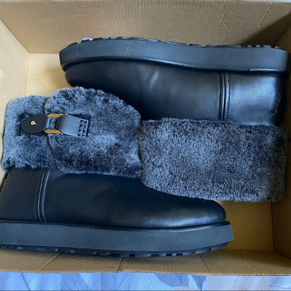 NEW UGG Classic Berge Mini Leather and Genuine Shearling Black Boot